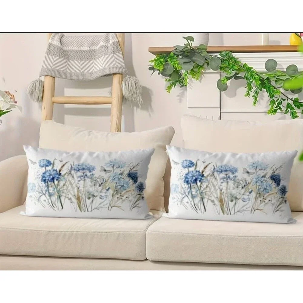 New Decorative White & blue floral lumbar Pillow Cover 19x27 couch throw Cushion